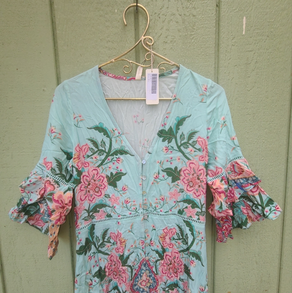 Spell Sample Lotus Maxi Dress Peacock Gown green Duster kimono robe S NWT OOAK!